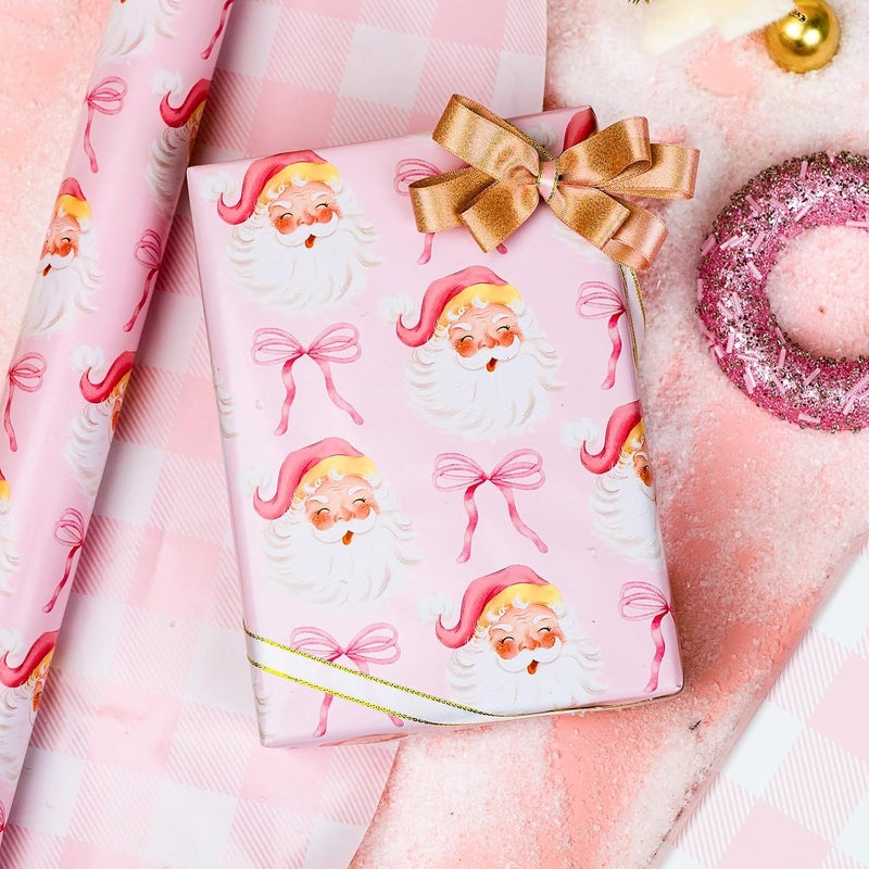 MAYPLUSS Christmas Wrapping Paper Roll - 17 Inch X 33 Feet - Pink Cute Bow Santa Claus Reversible Plaid Gift Wrapping Paper, Thick Wrap Paper for Holiday Party New Year Kids - Image 2
